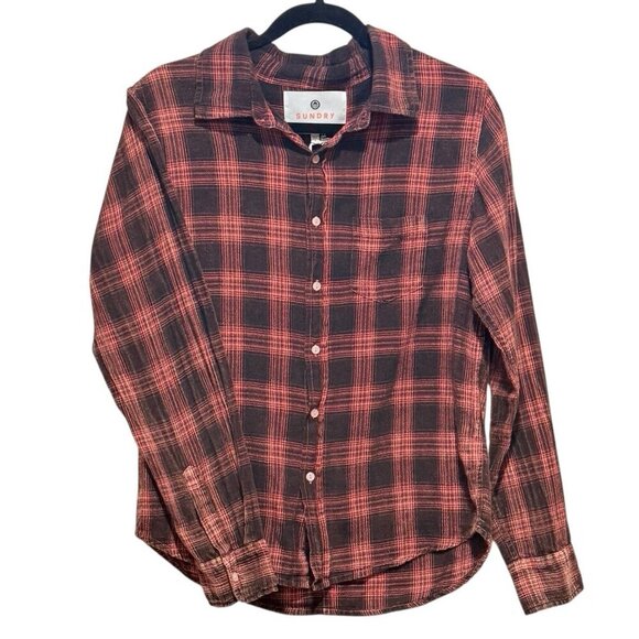 Sundry Tops - NWT Sundry Button Down Plaid Cotton Pink Black Shirt Womens size 1 Small